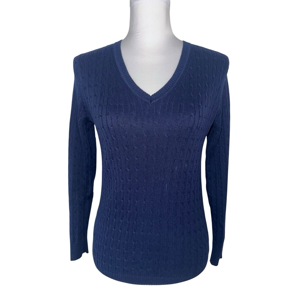Kim Rogers Sweater Womens Small Blue Cable Knit V Neck Long Sleeve Cotton